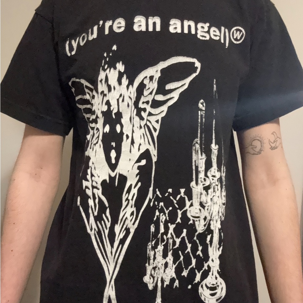 Black Graphic Tee with White Angel Design